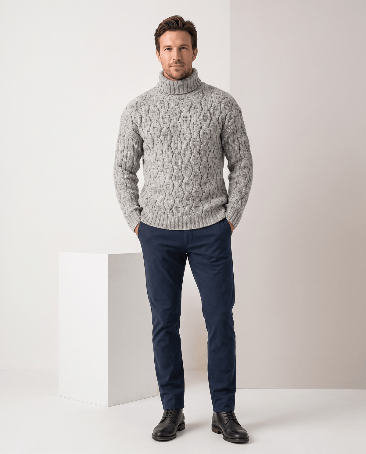 Honeycomb Cable-Knit Turtleneck Sweater – Long Sleeve, Slim Fit & Ribbed Trim | Lukas