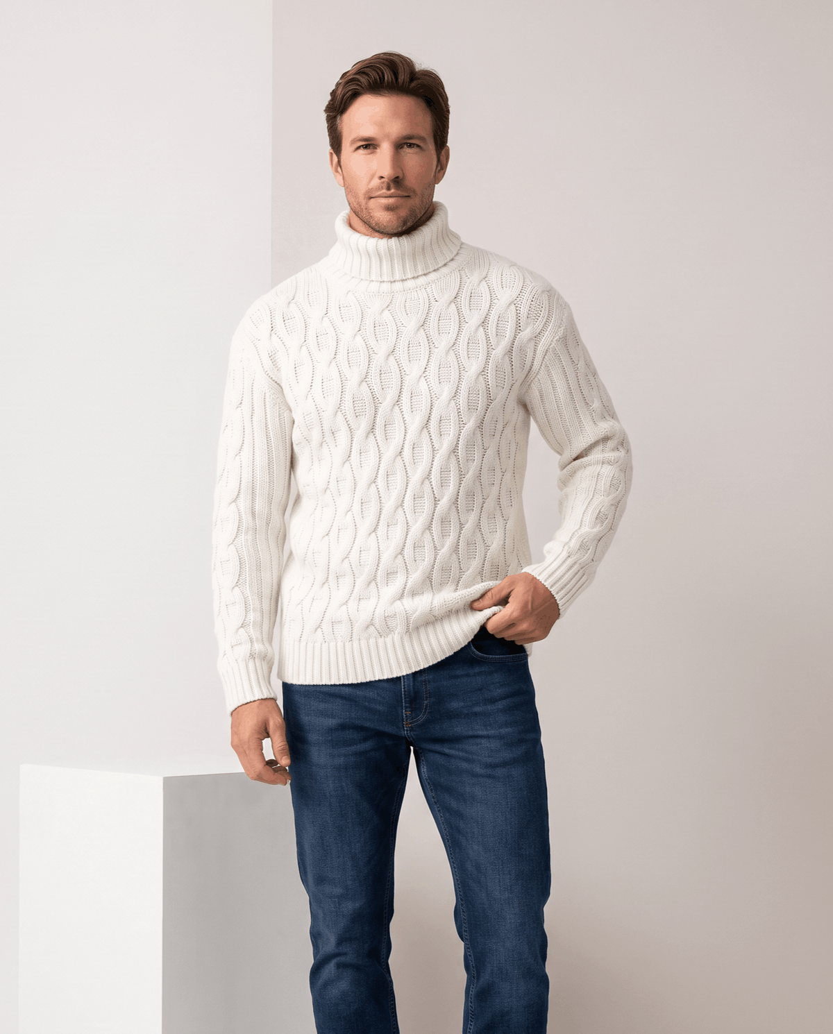 Honeycomb Cable-Knit Turtleneck Sweater – Long Sleeve, Slim Fit & Ribbed Trim | Lukas
