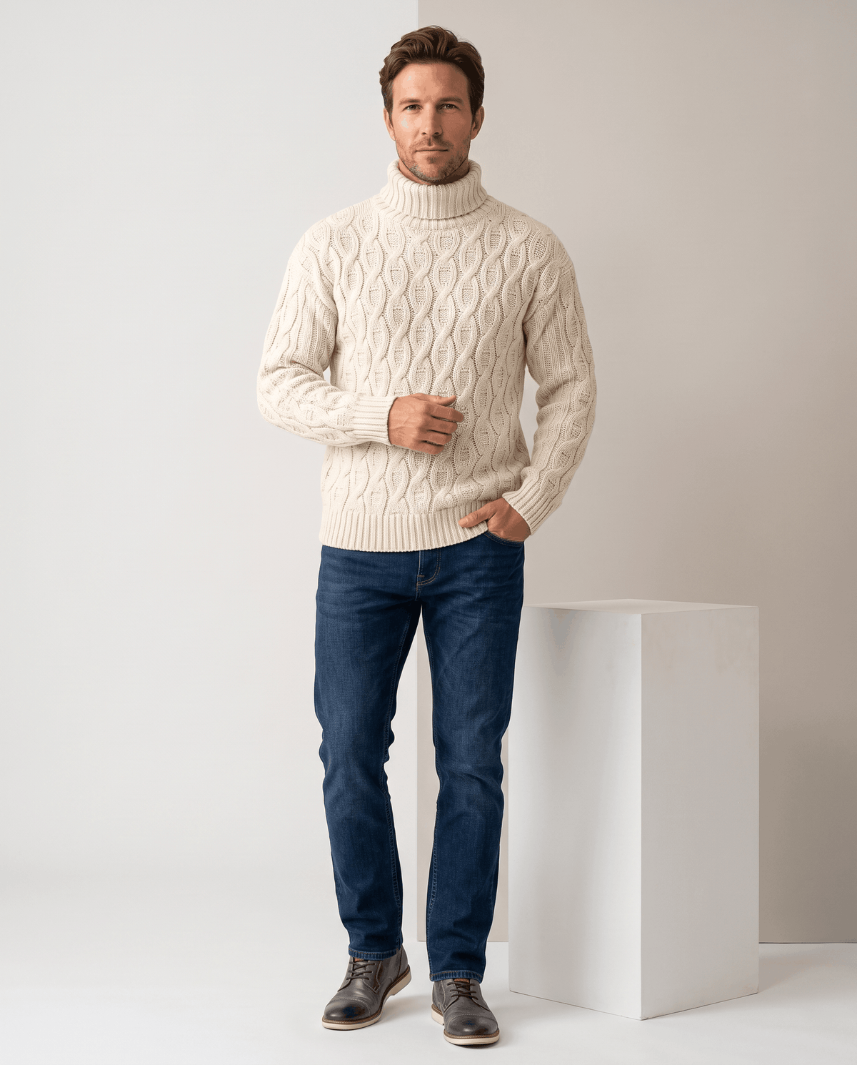 Honeycomb Cable-Knit Turtleneck Sweater – Long Sleeve, Slim Fit & Ribbed Trim | Lukas