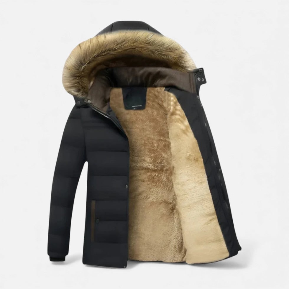 Men's Hooded Winter Coat with Quilted Shell and Fleece Lining