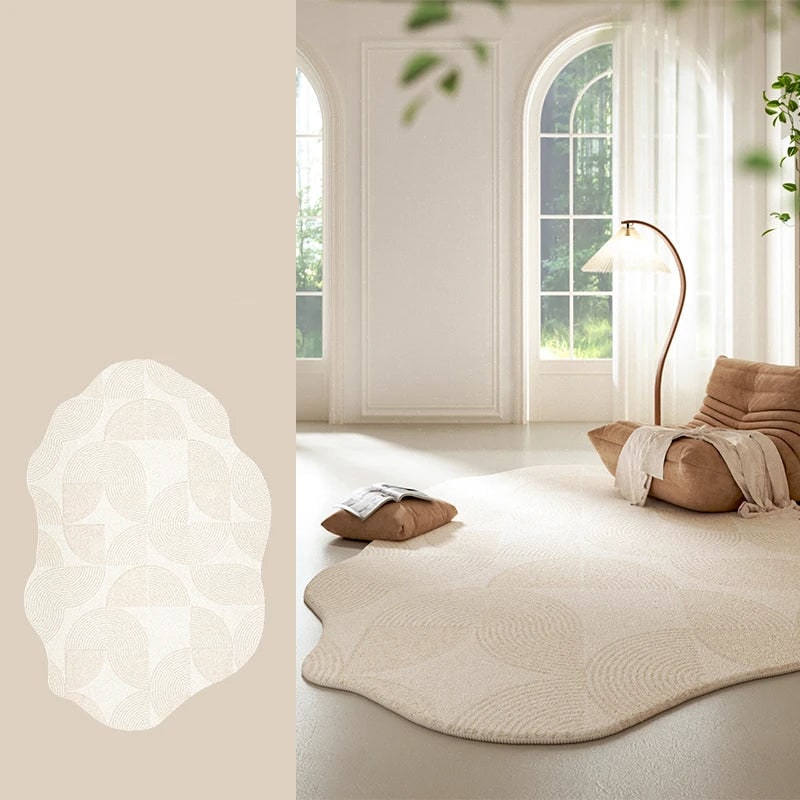Irregular Area Rug with Textured Geometric Pattern and Whipstitched Edges