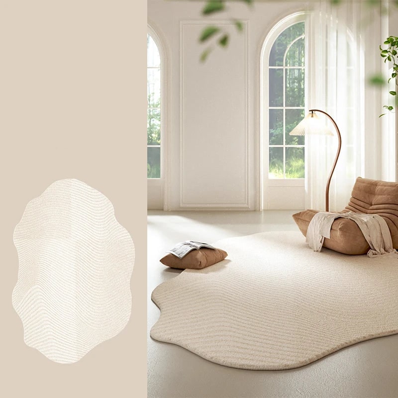 Irregular Area Rug with Textured Geometric Pattern and Whipstitched Edges