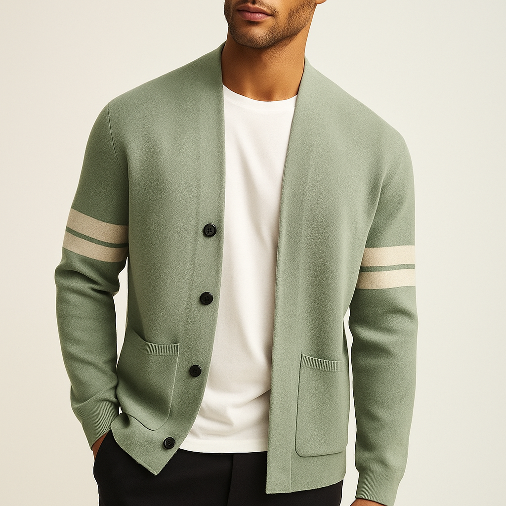 Men's Knit Cardigan Merino Wool Blend with Sleeve Stripes and Patch Pockets