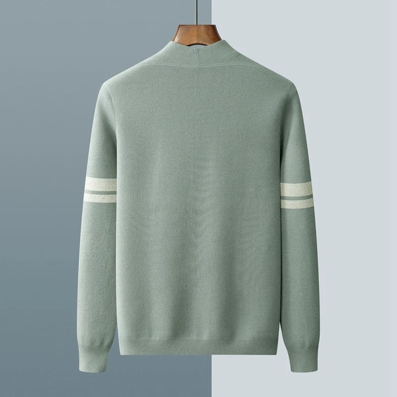 Men's Knit Cardigan Merino Wool Blend with Sleeve Stripes and Patch Pockets
