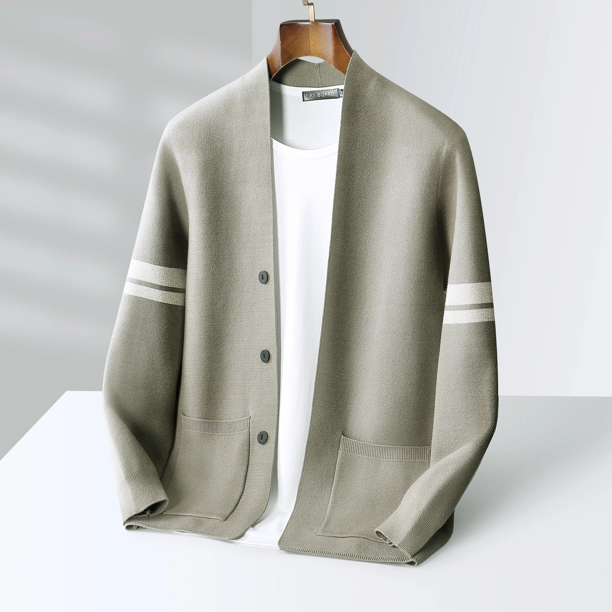 Men's Knit Cardigan Merino Wool Blend with Sleeve Stripes and Patch Pockets