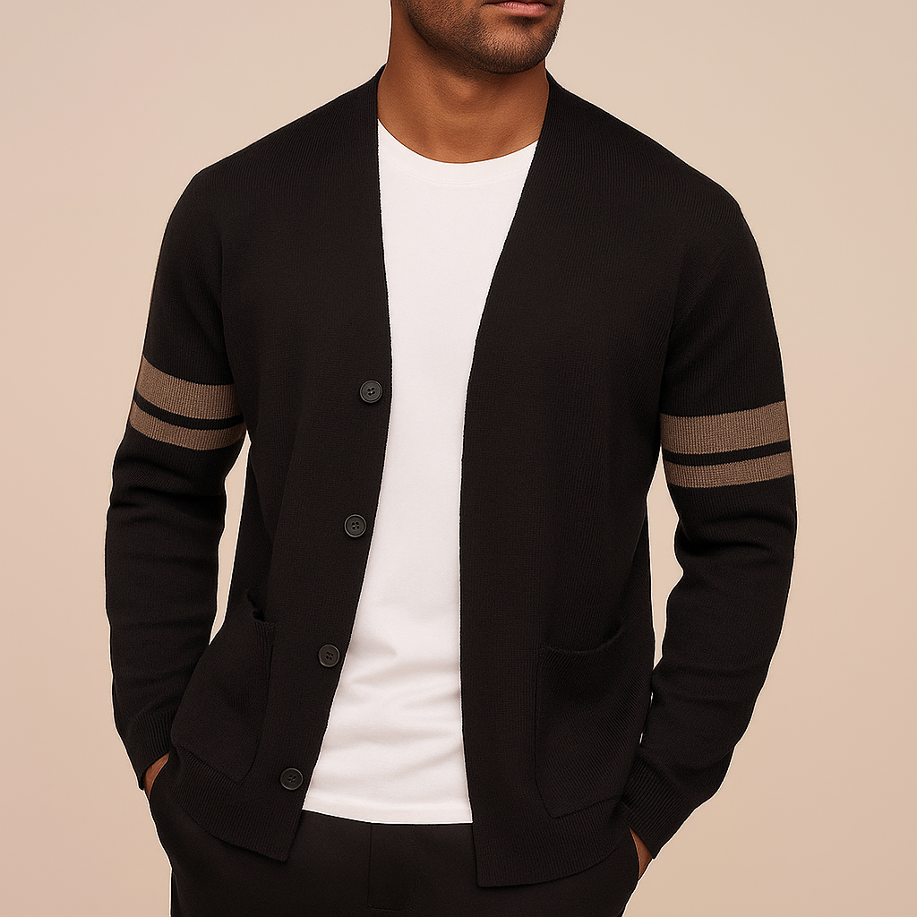 Men's Knit Cardigan Merino Wool Blend with Sleeve Stripes and Patch Pockets