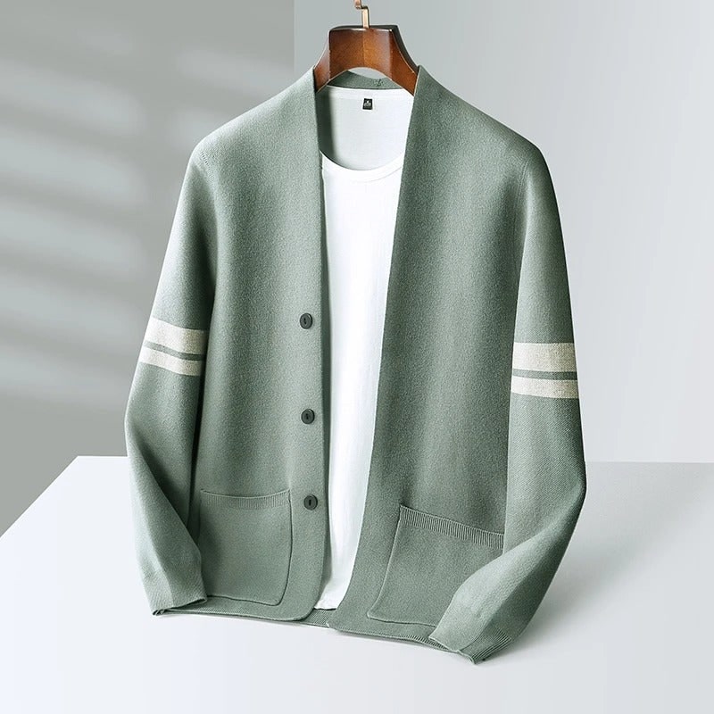 Men's Knit Cardigan Merino Wool Blend with Sleeve Stripes and Patch Pockets
