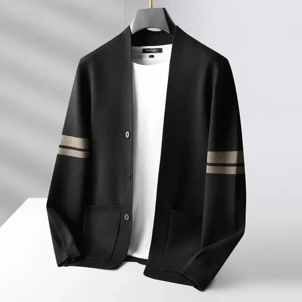Men's Knit Cardigan Merino Wool Blend with Sleeve Stripes and Patch Pockets