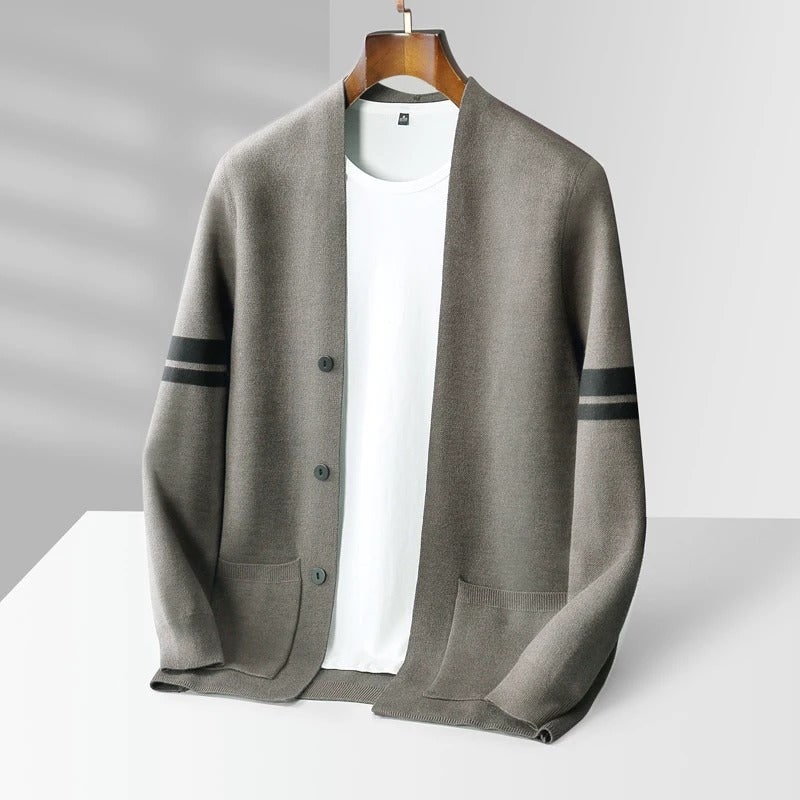 Men's Knit Cardigan Merino Wool Blend with Sleeve Stripes and Patch Pockets