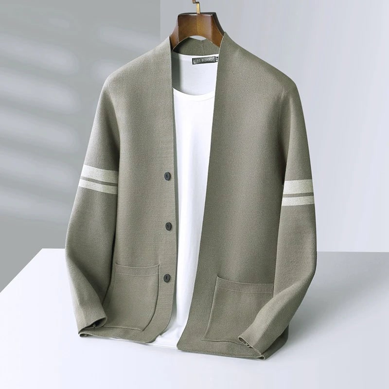 Men's Knit Cardigan Merino Wool Blend with Sleeve Stripes and Patch Pockets