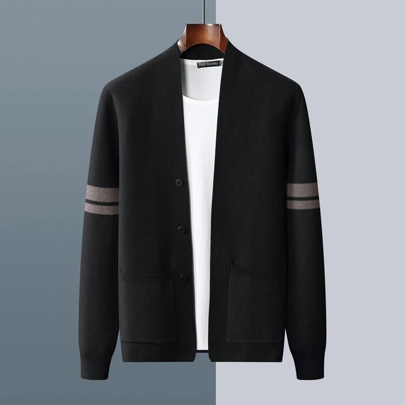 Men's Knit Cardigan Merino Wool Blend with Sleeve Stripes and Patch Pockets