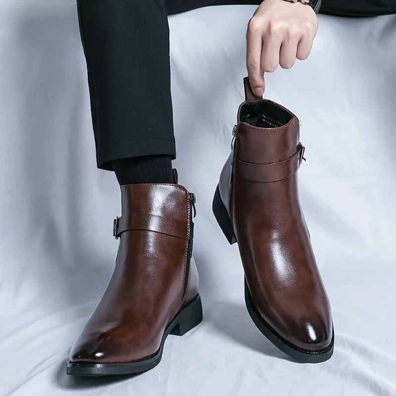Men's Leather Ankle Boots with Side Zipper and Buckle Strap