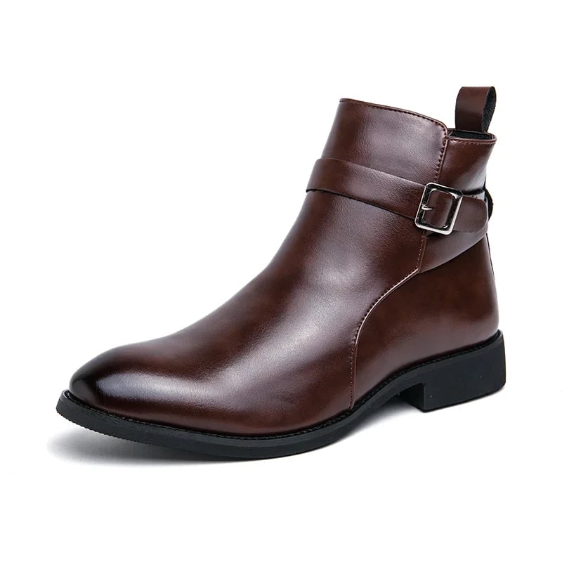 Men's Leather Ankle Boots with Side Zipper and Buckle Strap