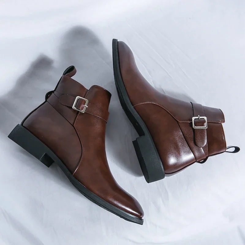 Men's Leather Ankle Boots with Side Zipper and Buckle Strap