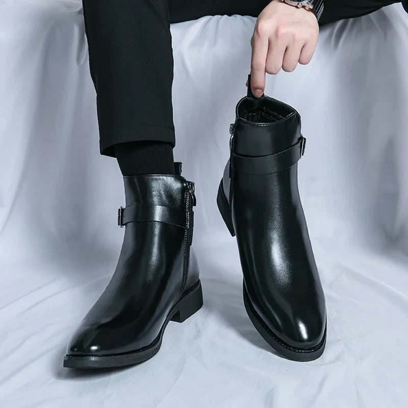 Men's Leather Ankle Boots with Side Zipper and Buckle Strap