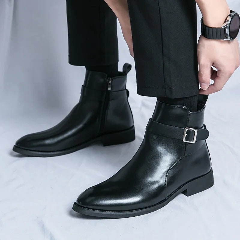 Men's Leather Ankle Boots with Side Zipper and Buckle Strap