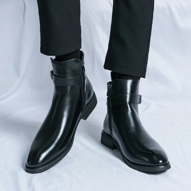 Men's Leather Ankle Boots with Side Zipper and Buckle Strap