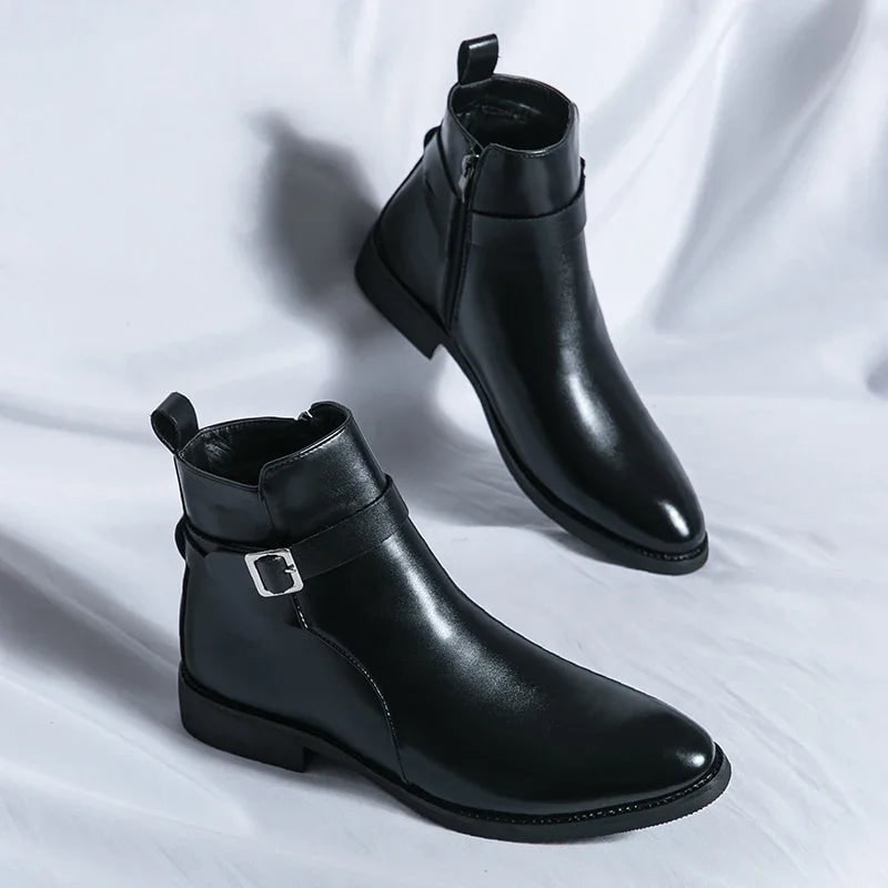 Men's Leather Ankle Boots with Side Zipper and Buckle Strap
