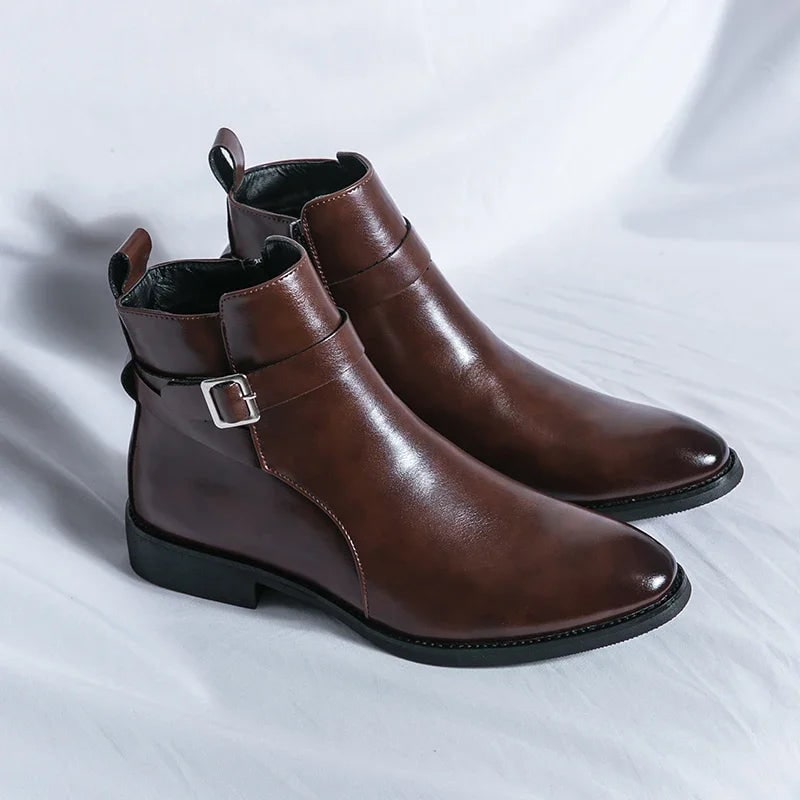Men's Leather Ankle Boots with Side Zipper and Buckle Strap