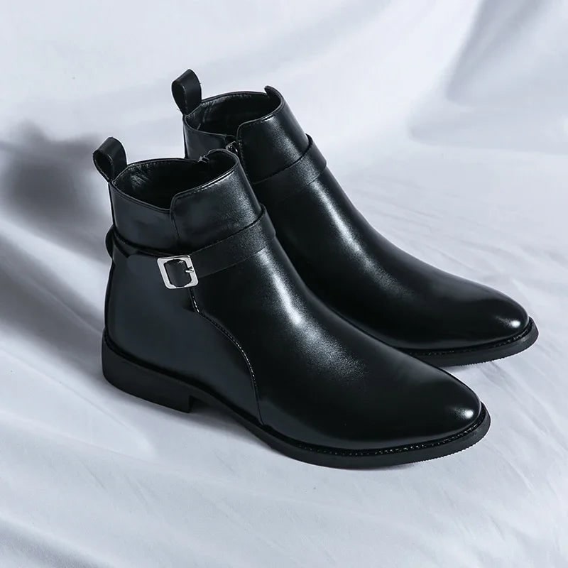 Men's Leather Ankle Boots with Side Zipper and Buckle Strap