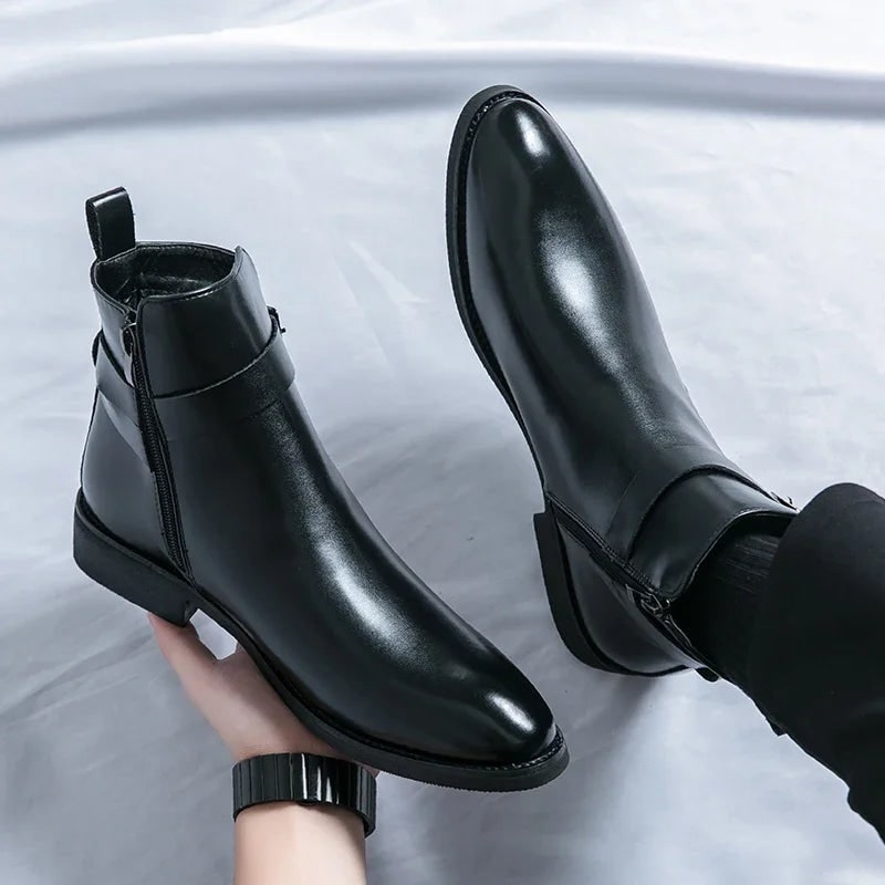 Men's Leather Ankle Boots with Side Zipper and Buckle Strap