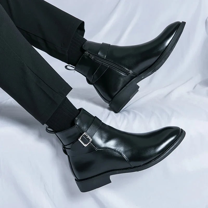 Men's Leather Ankle Boots with Side Zipper and Buckle Strap