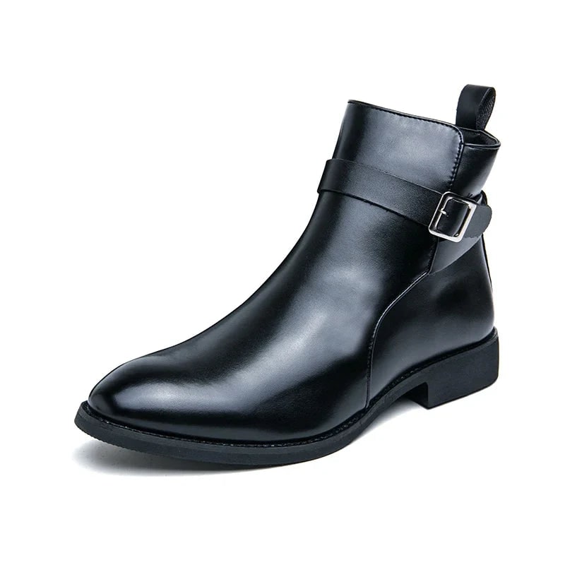 Men's Leather Ankle Boots with Side Zipper and Buckle Strap