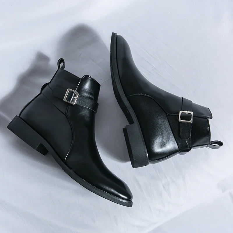 Men's Leather Ankle Boots with Side Zipper and Buckle Strap