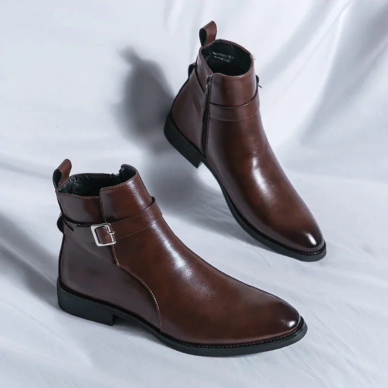 Men's Leather Ankle Boots with Side Zipper and Buckle Strap