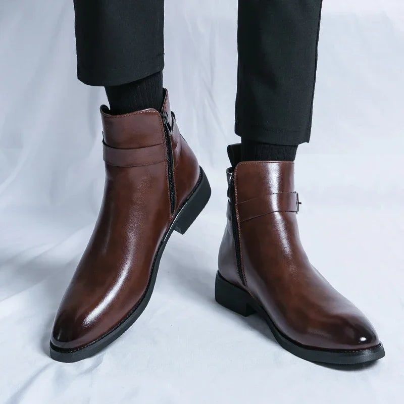 Men's Leather Ankle Boots with Side Zipper and Buckle Strap