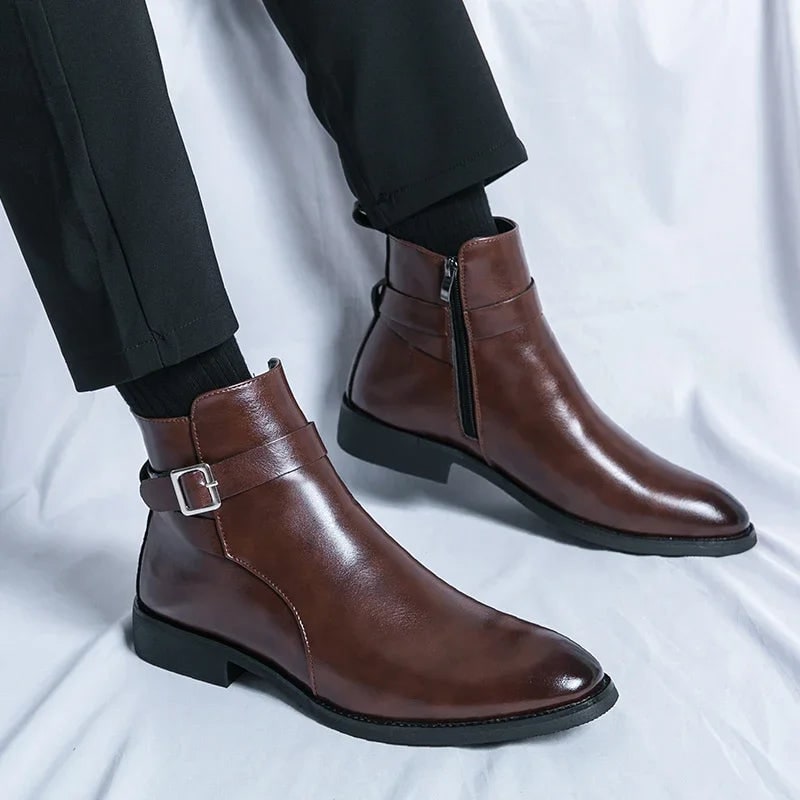 Men's Leather Ankle Boots with Side Zipper and Buckle Strap