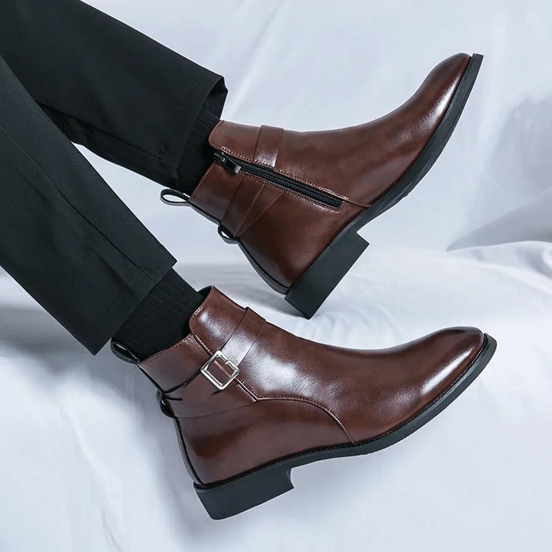 Men's Leather Ankle Boots with Side Zipper and Buckle Strap
