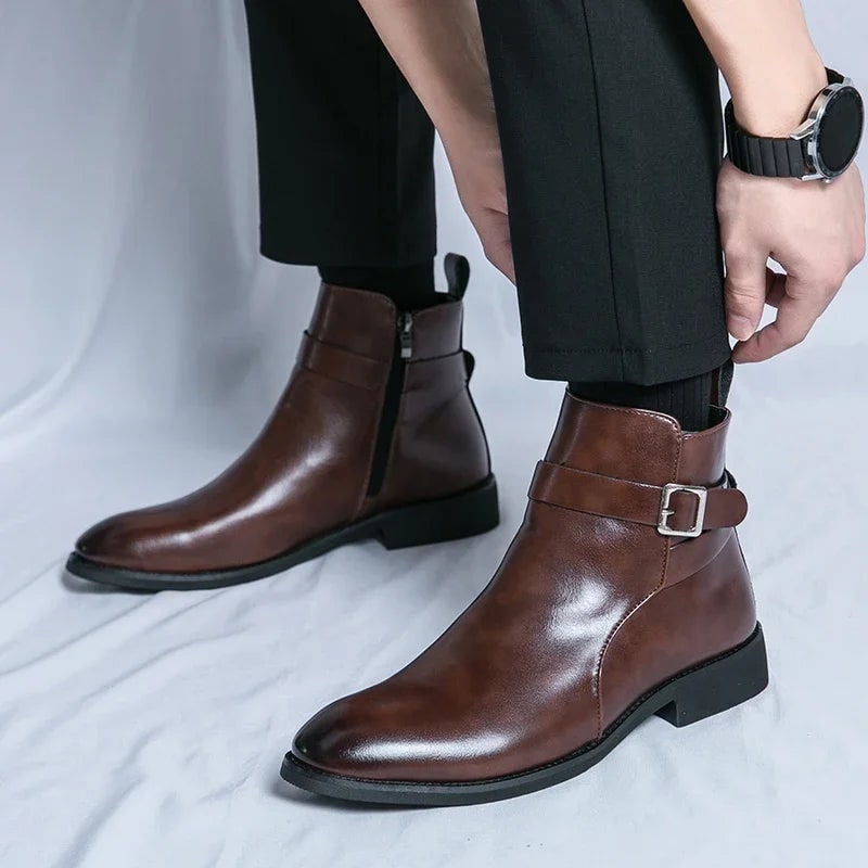 Men's Leather Ankle Boots with Side Zipper and Buckle Strap