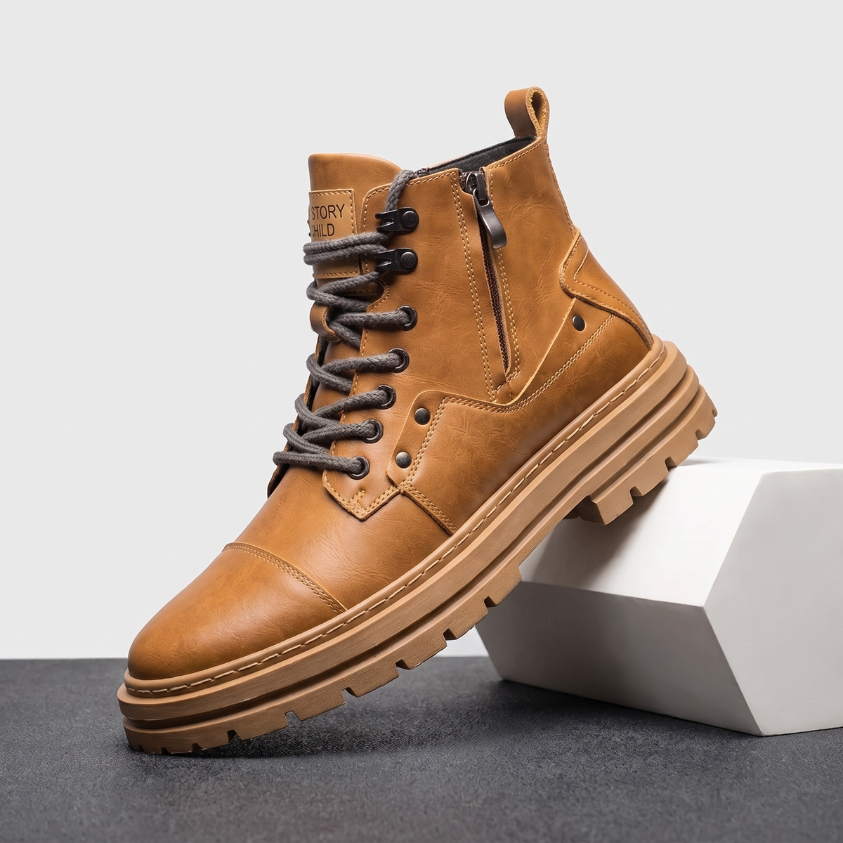 Leather Combat Boots for Men – Lug Sole, Side Zip & Water-Resistant | Belmont