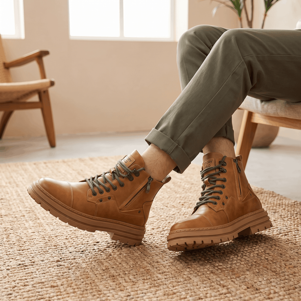 Leather Combat Boots for Men – Lug Sole, Side Zip & Water-Resistant | Belmont