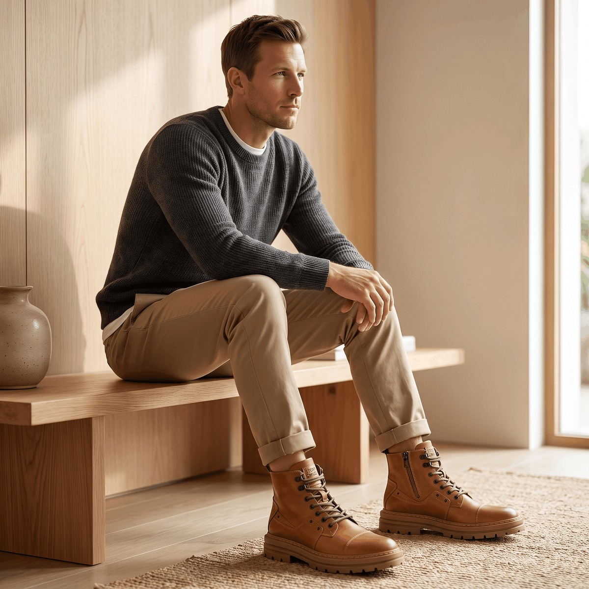 Leather Combat Boots for Men – Lug Sole, Side Zip & Water-Resistant | Belmont