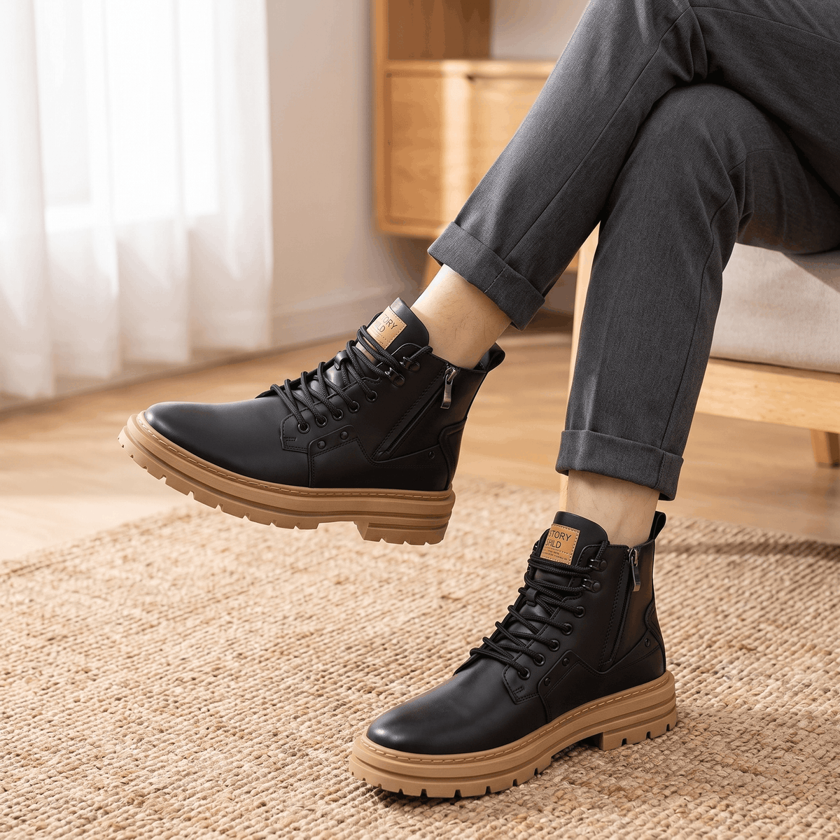 Leather Combat Boots for Men – Lug Sole, Side Zip & Water-Resistant | Belmont