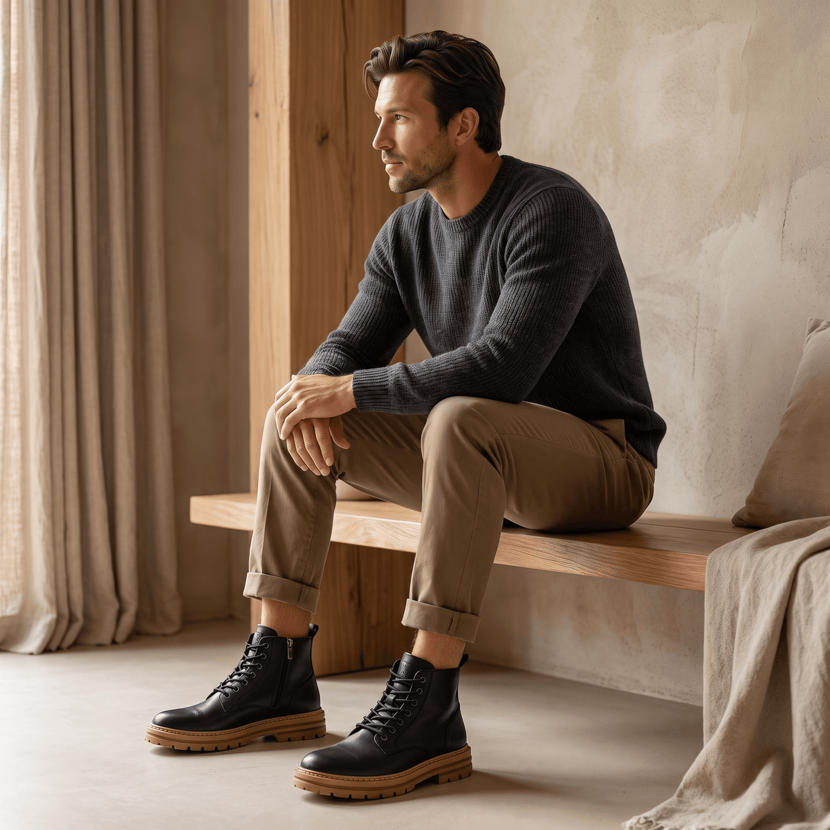Leather Combat Boots for Men – Lug Sole, Side Zip & Water-Resistant | Belmont
