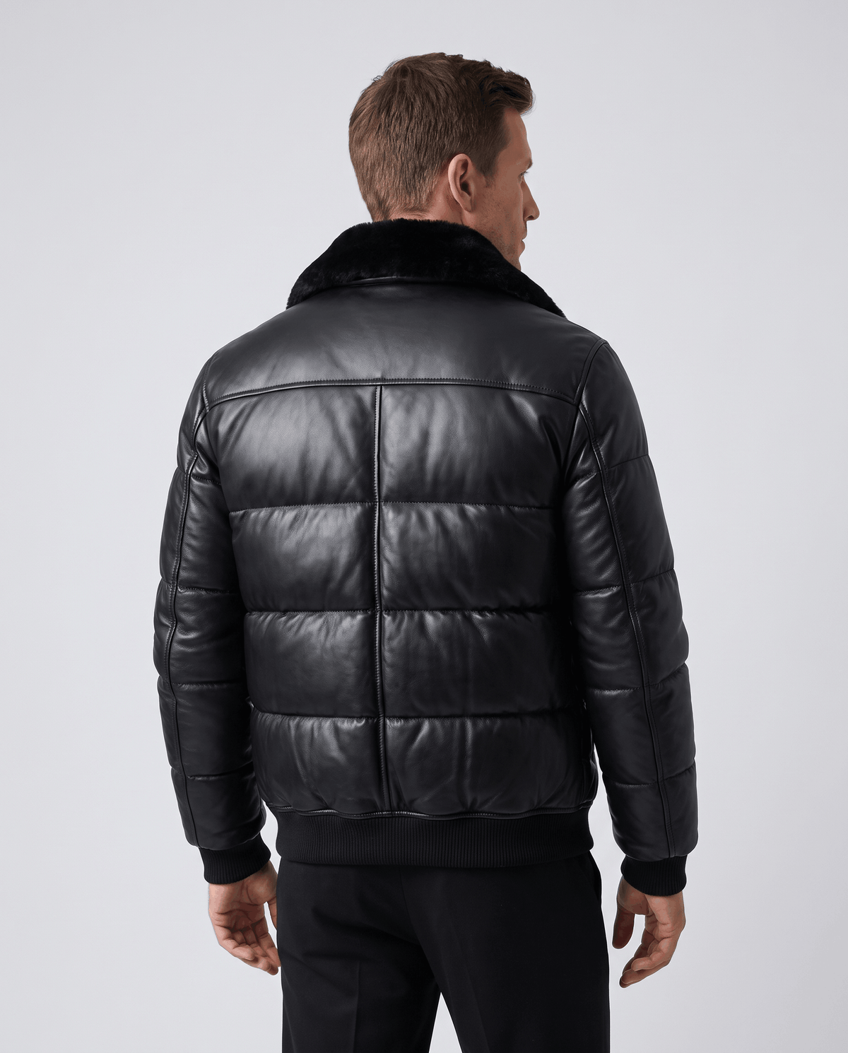 Leather Puffer Bomber Jacket – Shearling-Look Collar & Lining, Ribbed Cuffs | Rhys