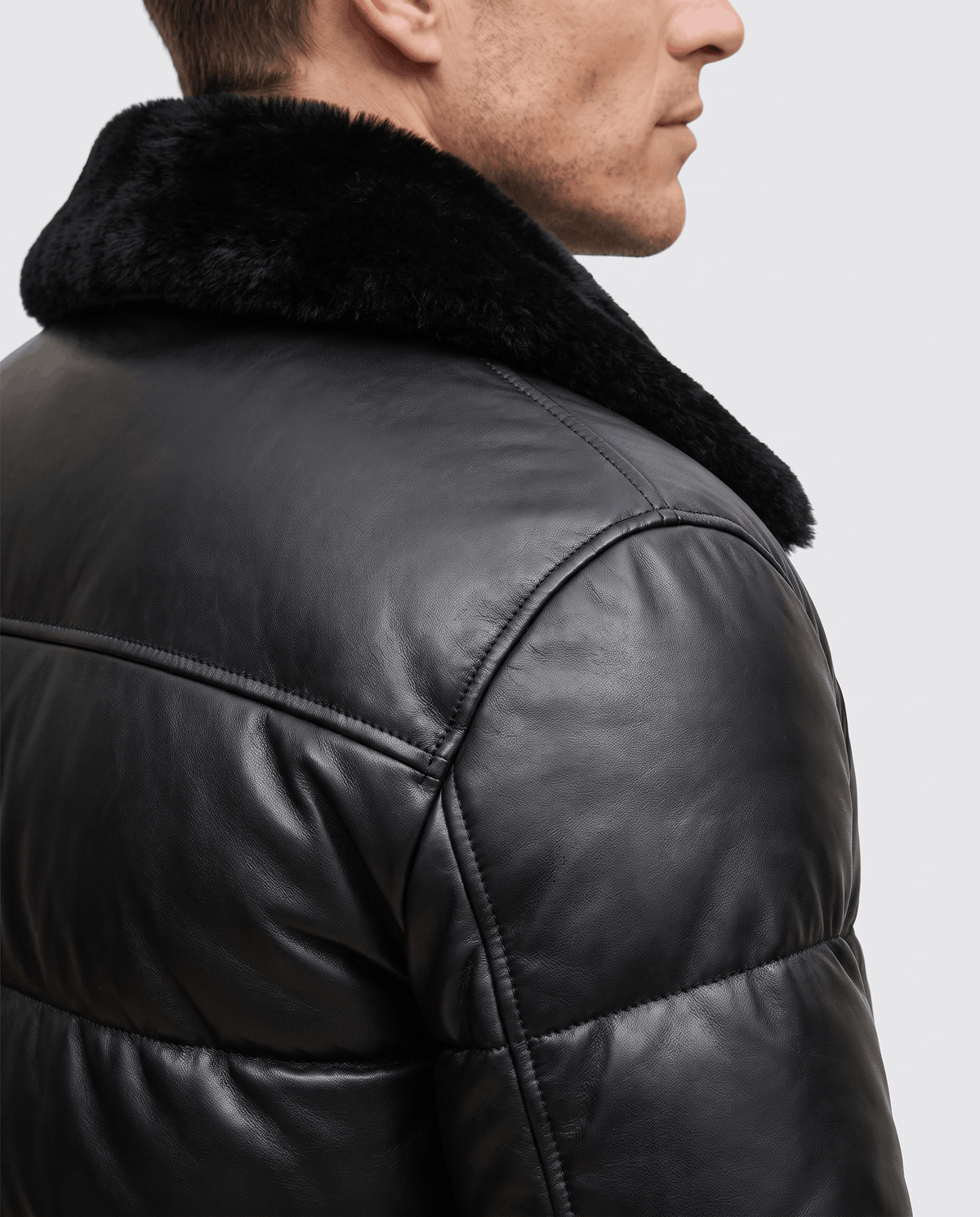 Leather Puffer Bomber Jacket – Shearling-Look Collar & Lining, Ribbed Cuffs | Rhys