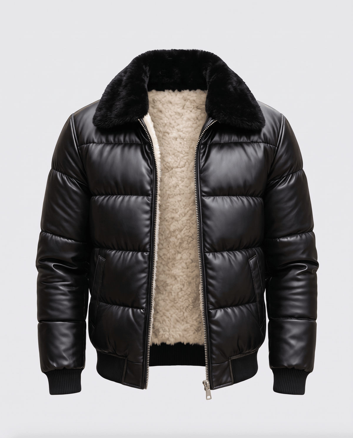 Leather Puffer Bomber Jacket – Shearling-Look Collar & Lining, Ribbed Cuffs | Rhys