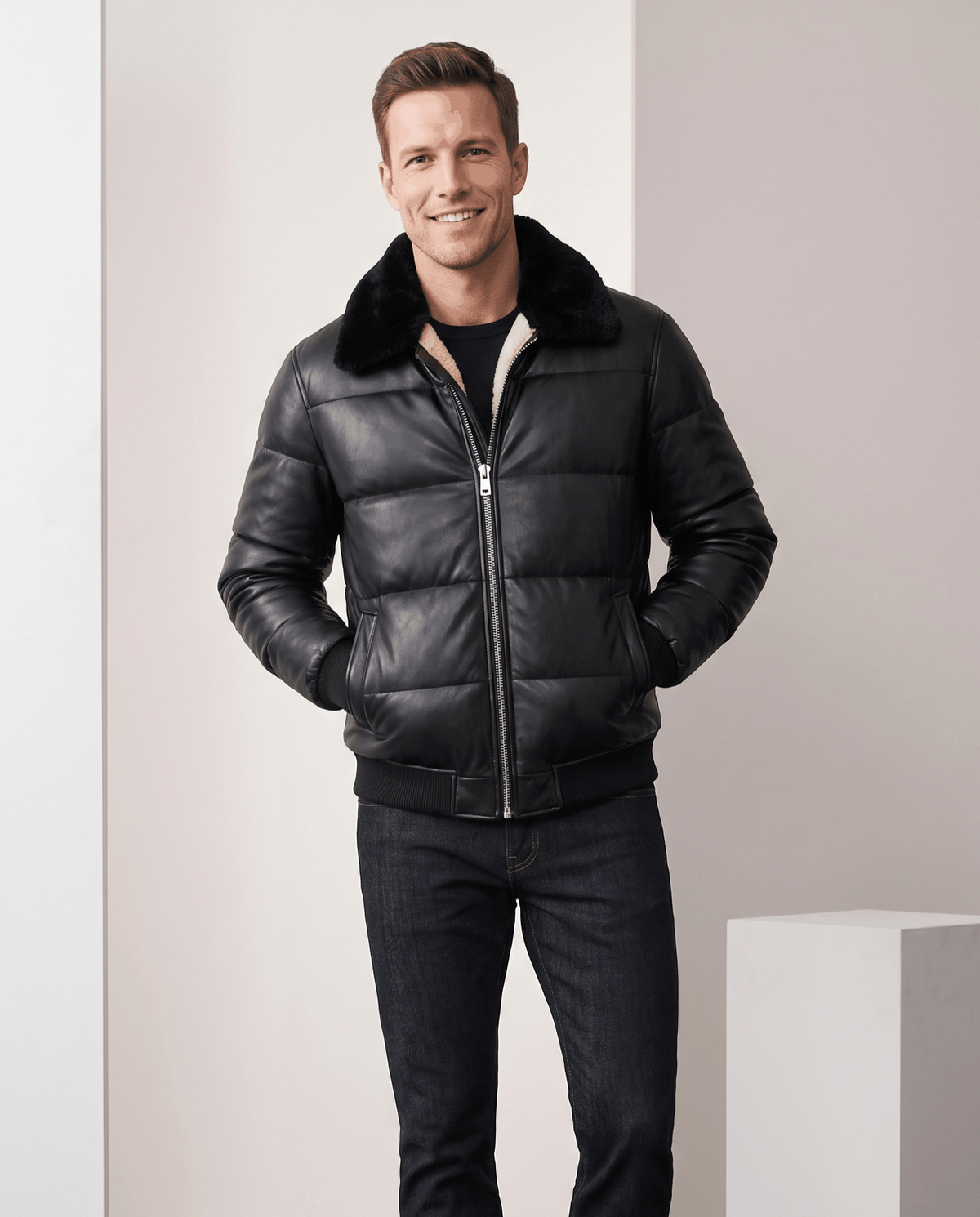 Leather Puffer Bomber Jacket – Shearling-Look Collar & Lining, Ribbed Cuffs | Rhys