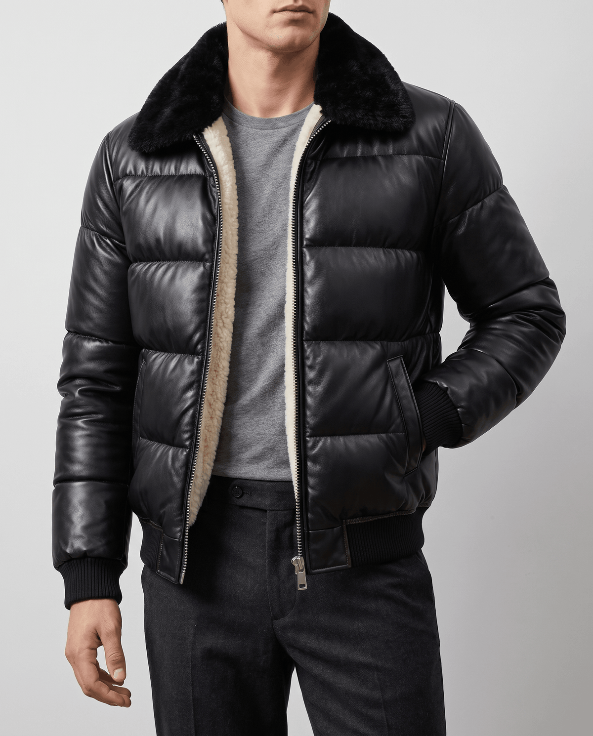 Leather Puffer Bomber Jacket – Shearling-Look Collar & Lining, Ribbed Cuffs | Rhys