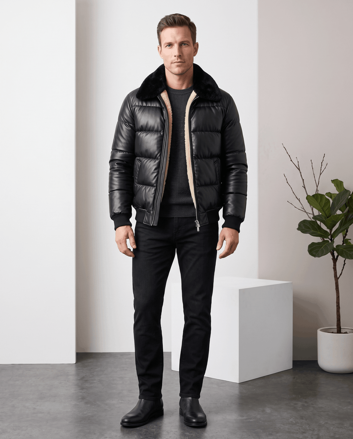 Leather Puffer Bomber Jacket – Shearling-Look Collar & Lining, Ribbed Cuffs | Rhys