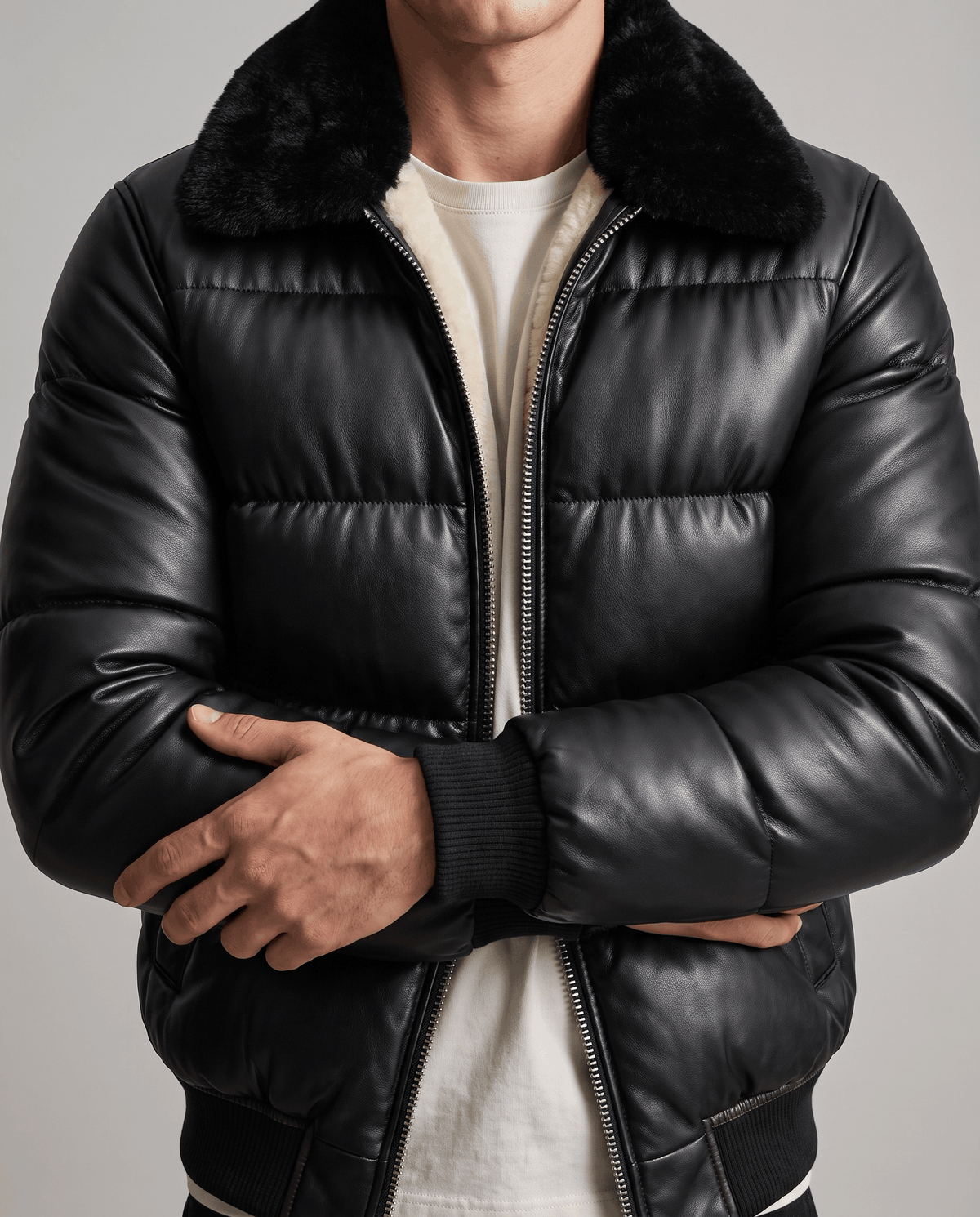 Leather Puffer Bomber Jacket – Shearling-Look Collar & Lining, Ribbed Cuffs | Rhys