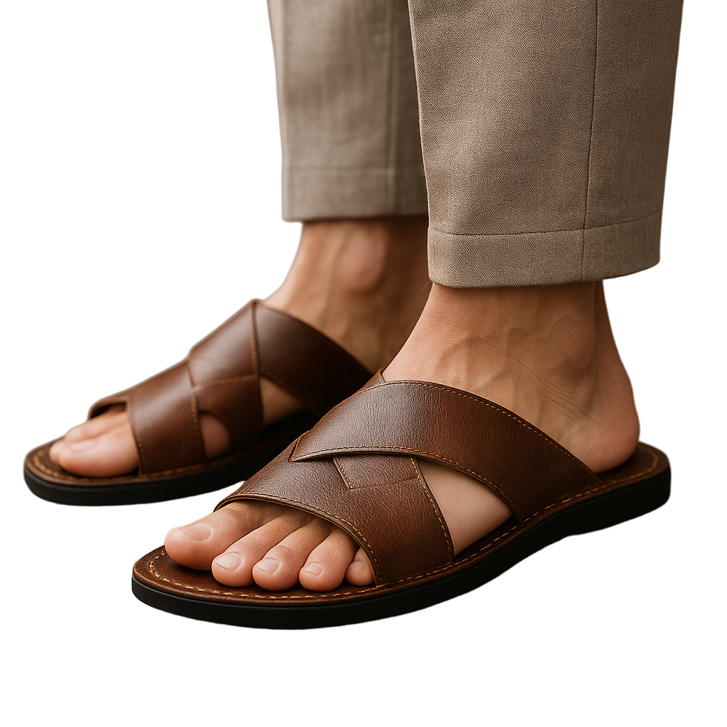 Men's Leather Slide Sandals with Crossover Straps and Open Toe Beach Design