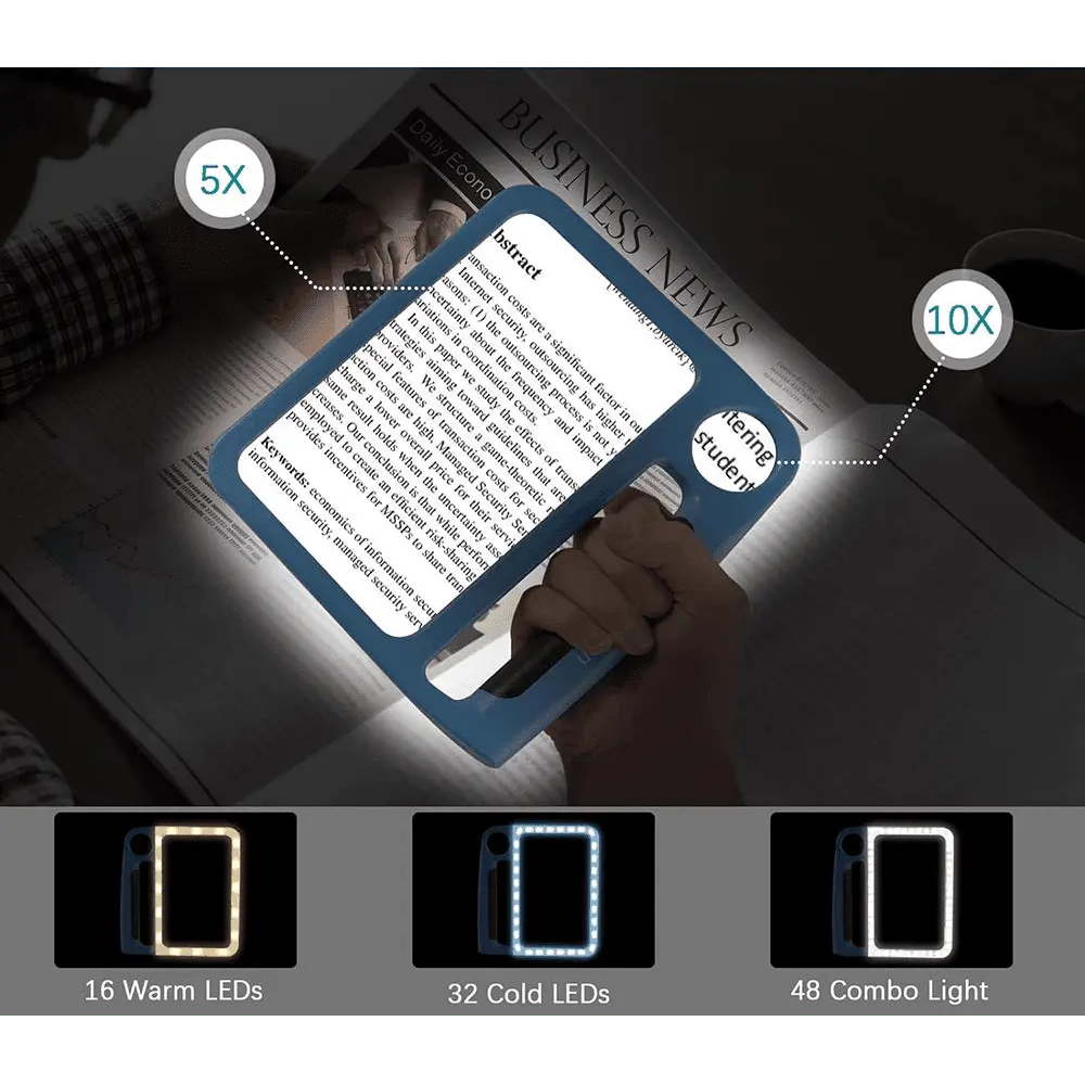 LED Lighted Magnifying Glass Handheld Reading Adjustable Light and Dual Lens for Seniors