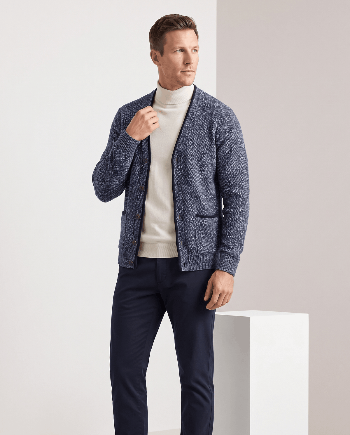 Marled Knit V-Neck Cardigan Sweater – Contrast Trim, Button Front & Pockets | Torin