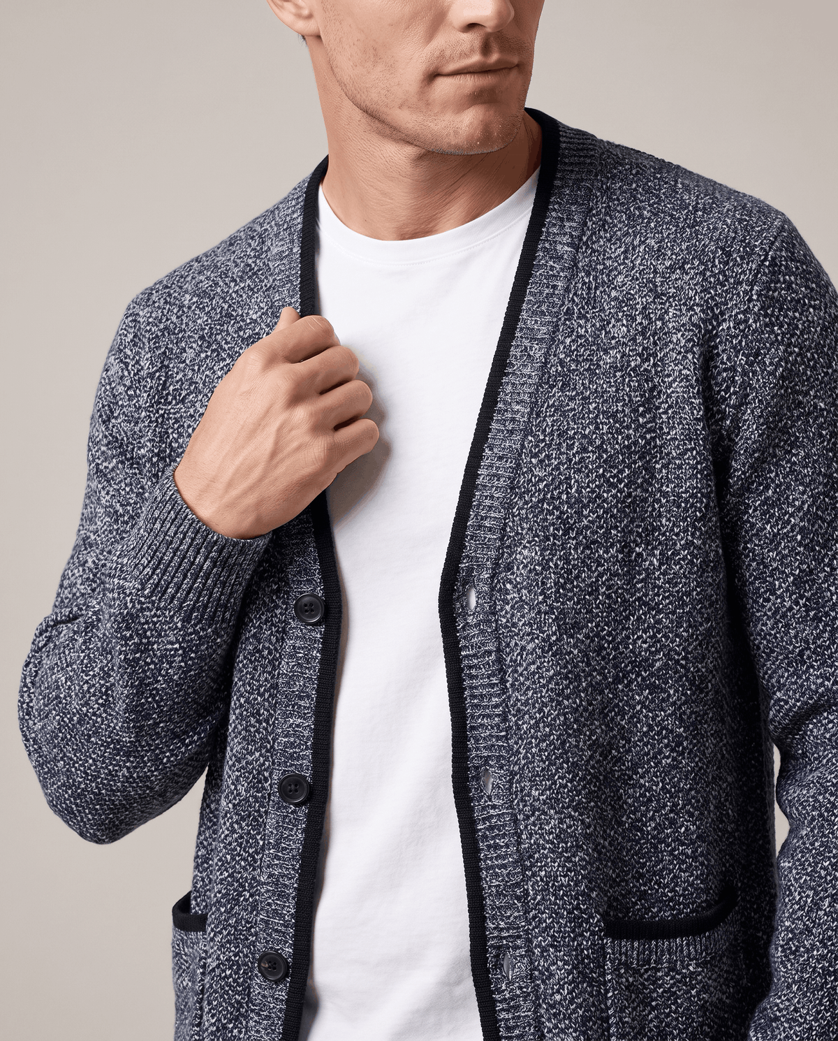 Marled Knit V-Neck Cardigan Sweater – Contrast Trim, Button Front & Pockets | Torin