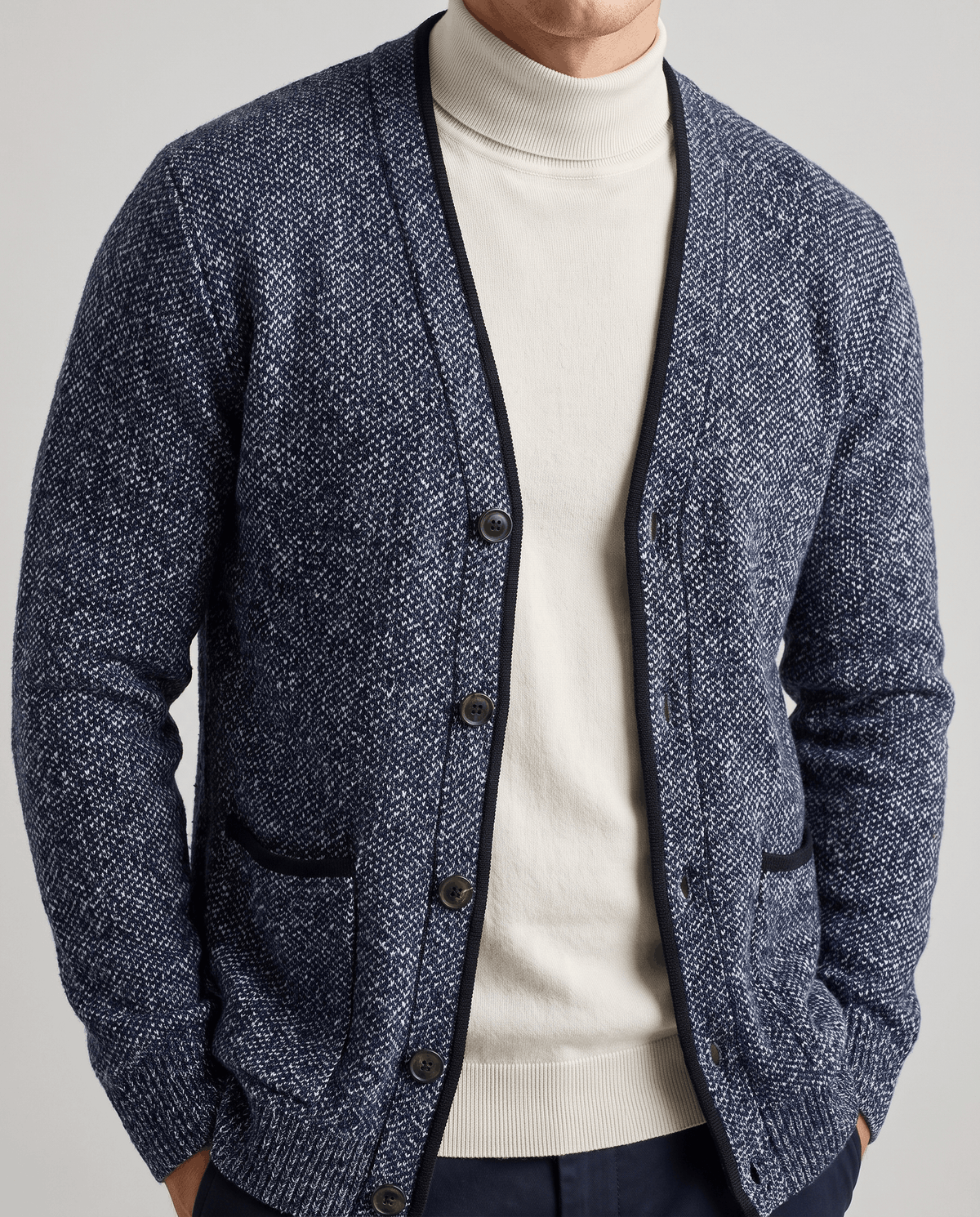 Marled Knit V-Neck Cardigan Sweater – Contrast Trim, Button Front & Pockets | Torin